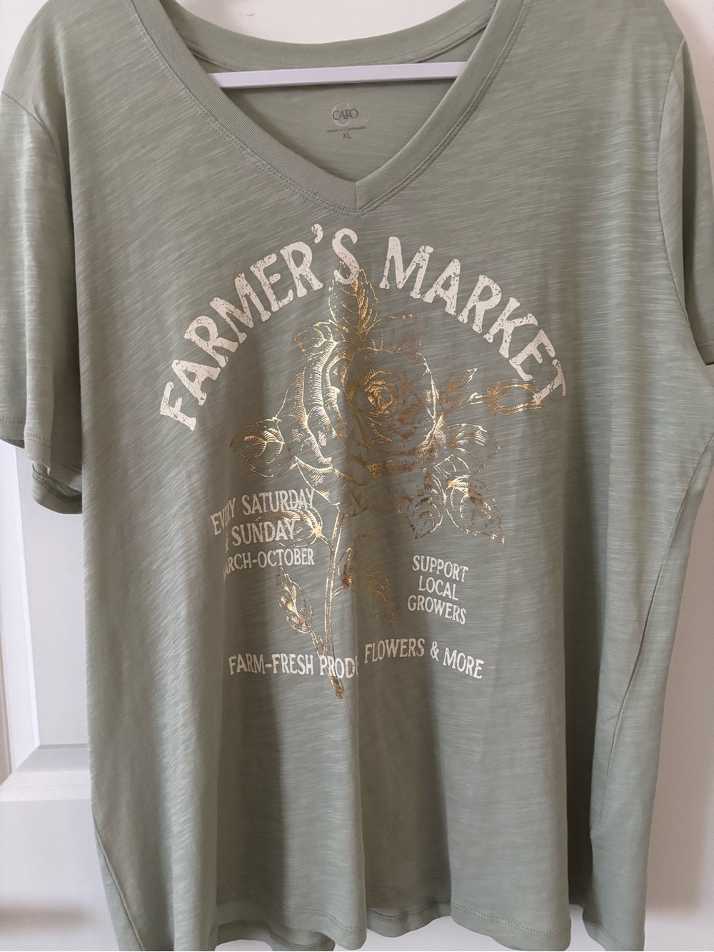 Cato Sage Green Short Sleeve V-Neck Tee with Gold Graphic